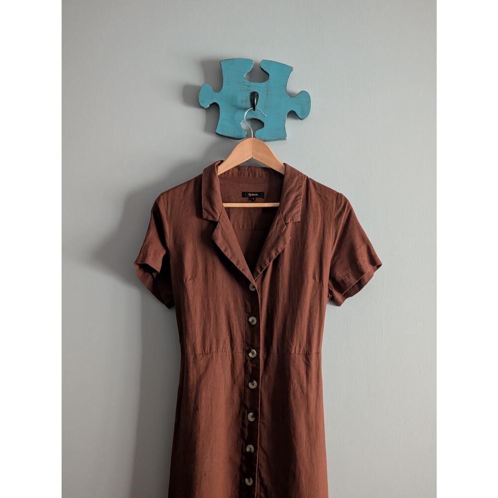 Quince 100% Linen Button Front Dress S Terracotta Rust Midi Pocket Notch Collar - Picture 3 of 16